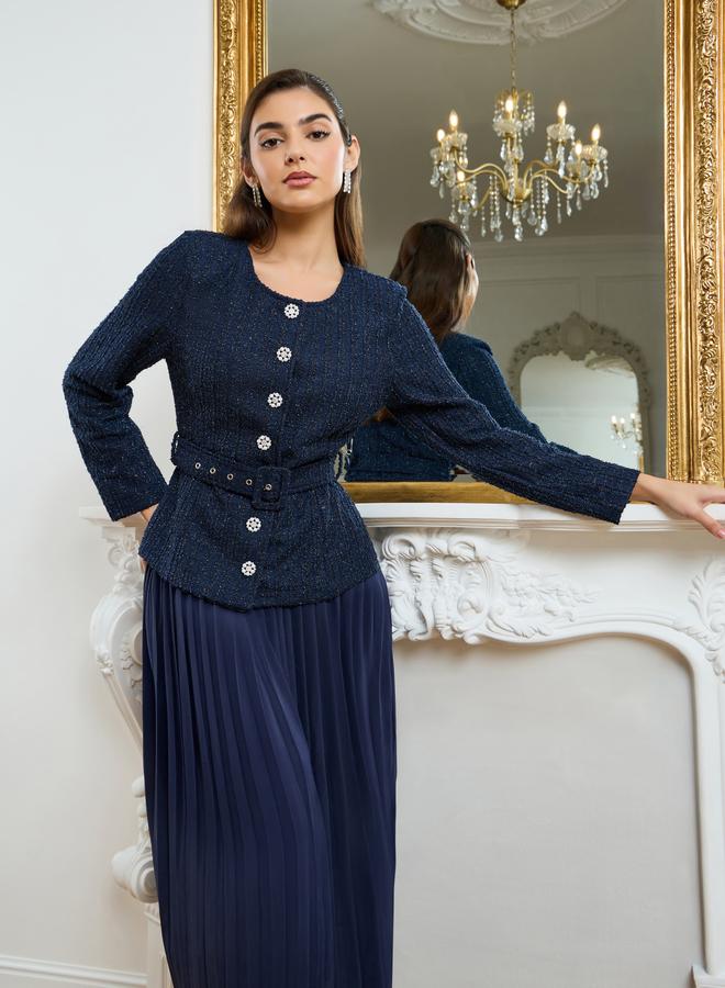 ستايلي طقم منسق من تنورة بكسرات وبلوزة تويد - Image 1